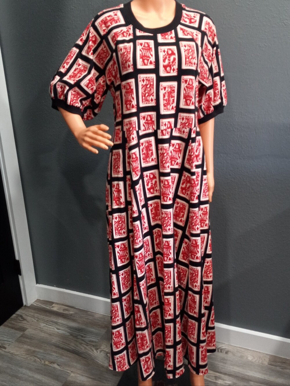 Masseys Bold Red and Black Playing Cards Geometric Pattern Maxi Dress